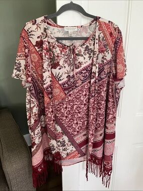 Christopher & Banks XL Mauve-Pink Print Two Piece Top & Fringed Edge Vest